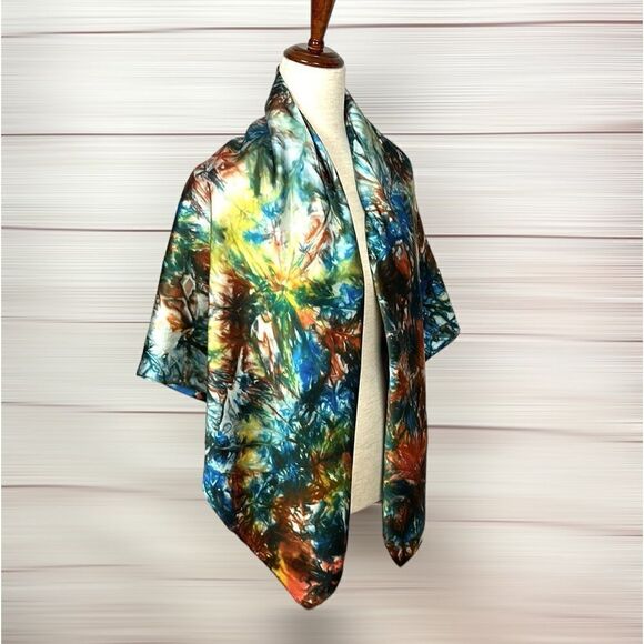 Large Silk Satin Square Scarf Abstract Print Hand Rolled - Picture 5 of 11